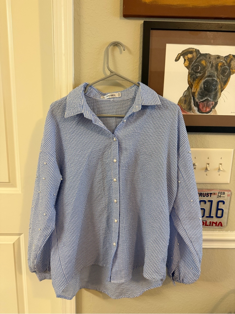 Light Blue Seersucker Button-Down Shirt with Pearl Accent